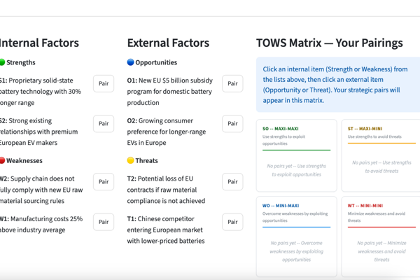 SWOT Check TOWS pairing screen with internal factors on the left, external factors on the right, and arrow-style pairings that form SO, WO, ST, and WT strategies